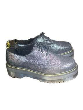 Dr. Martens 1461 Quad Faux Fur Lined Metallic Black Glitter Platform Shoes, 11